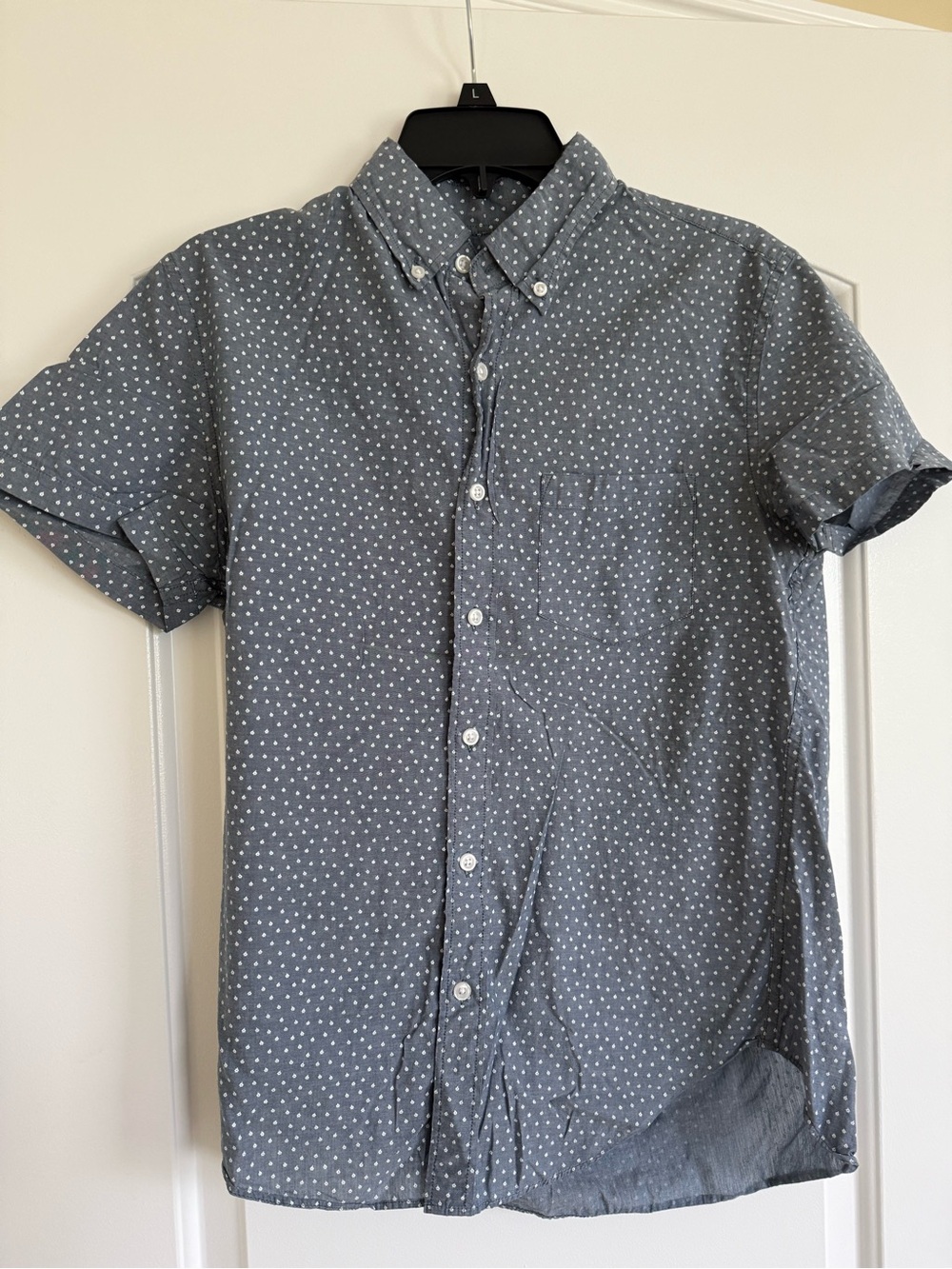 J. Crew Slate Blue Short-Sleeve Button-Down with White Micro Dot